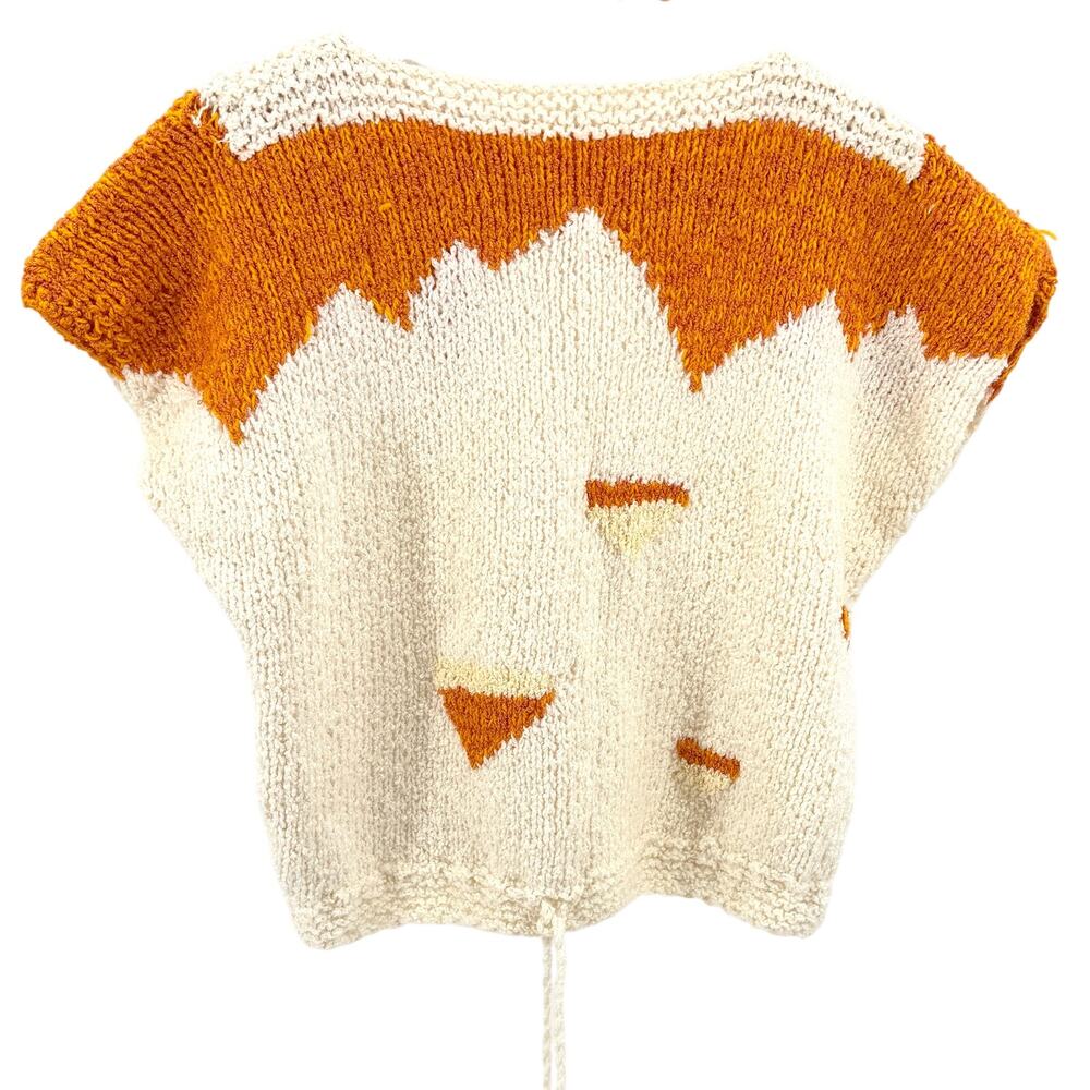 Vintage 70s Handmade Cream Orange Geometric Hand Knit Sweater Vest